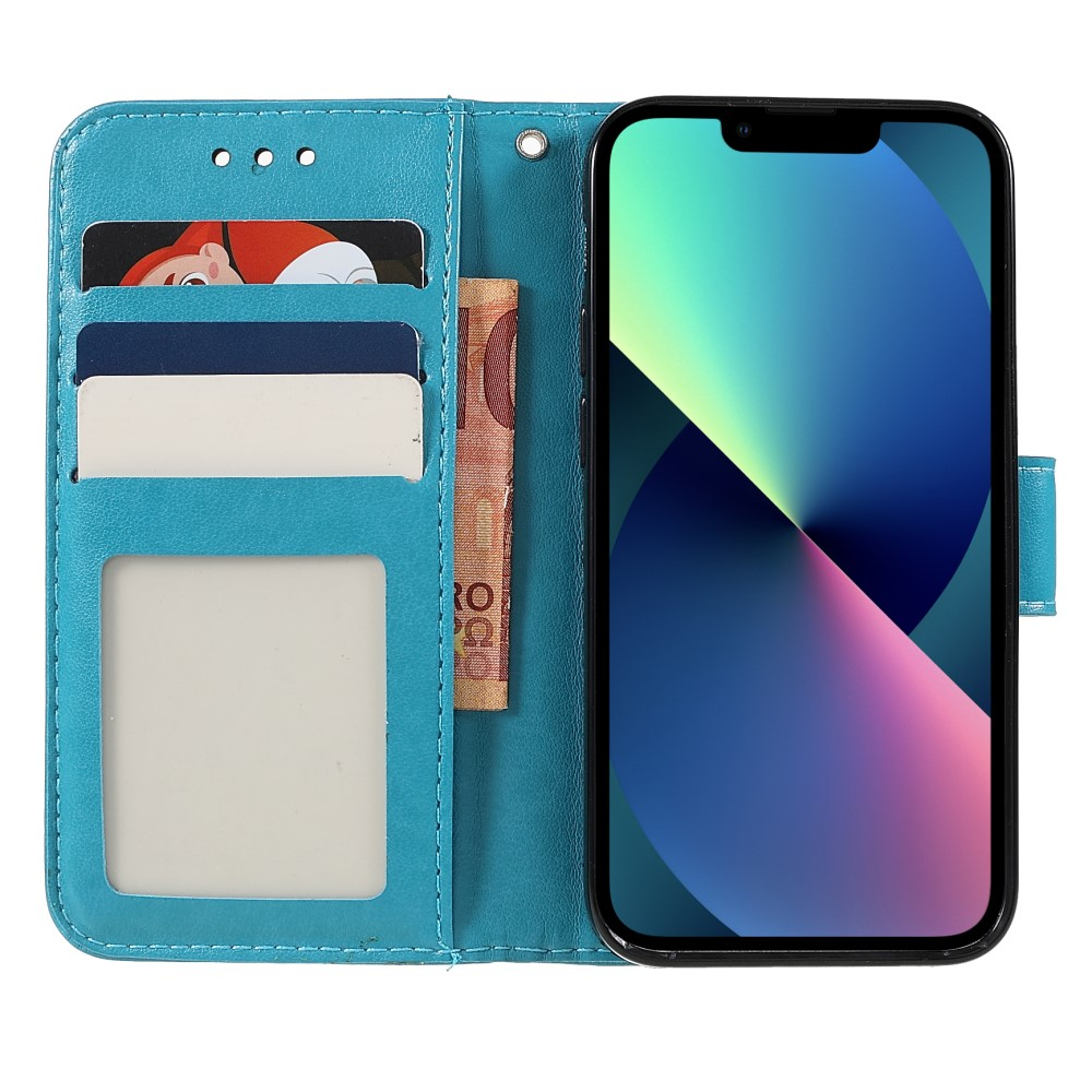 iPhone 13 Leder Tasche Wallet - Mandala Flowers Imprint - Blau