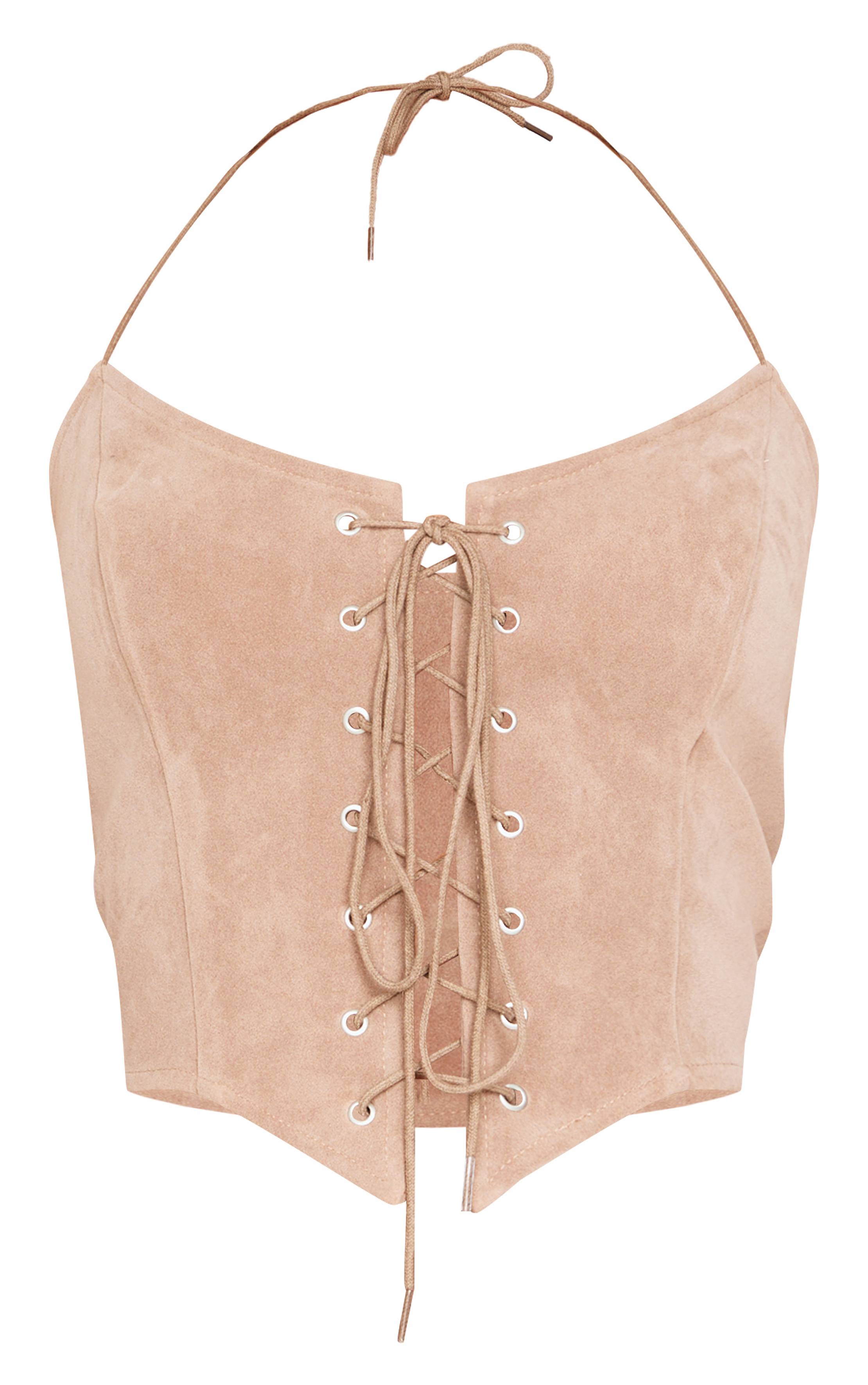 Taupe Top Corset Petite En Synthétique À Lacets