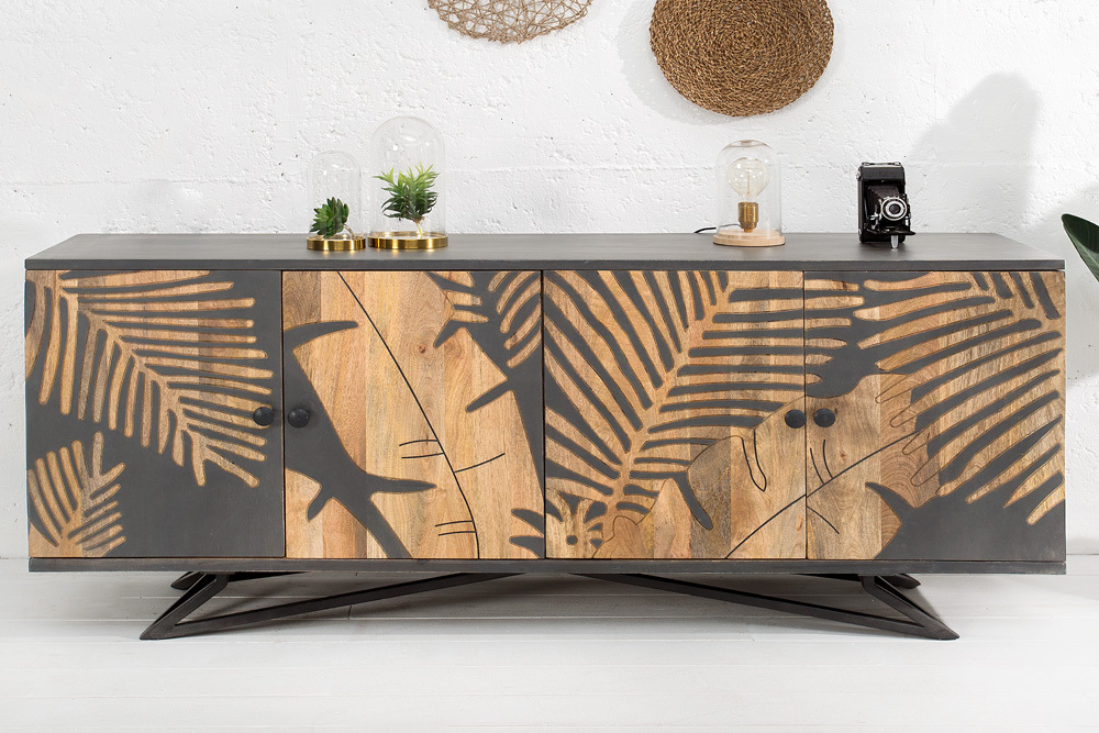 Massives Sideboard TROPICAL 160cm grau Mangoholz florales Design Boho Metallgestell