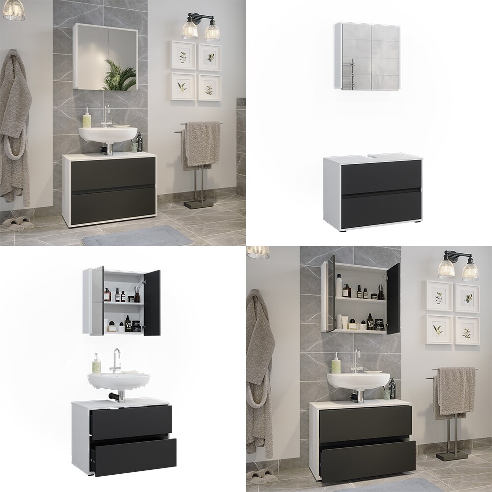 Badmöbel-Set Maltin Weiß Anthrazit modern Waschtischunterschrank Spiegelschrank