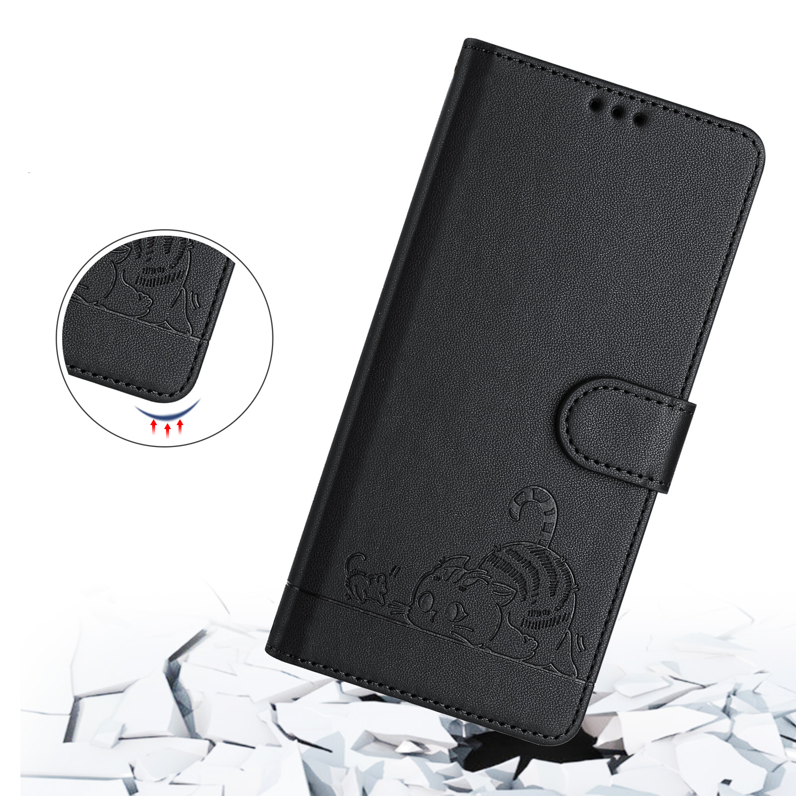 Samsung Galaxy S25 Leder Tasche Litchi Look mit Katzen Imprint (RFID Schutz) - Schwarz