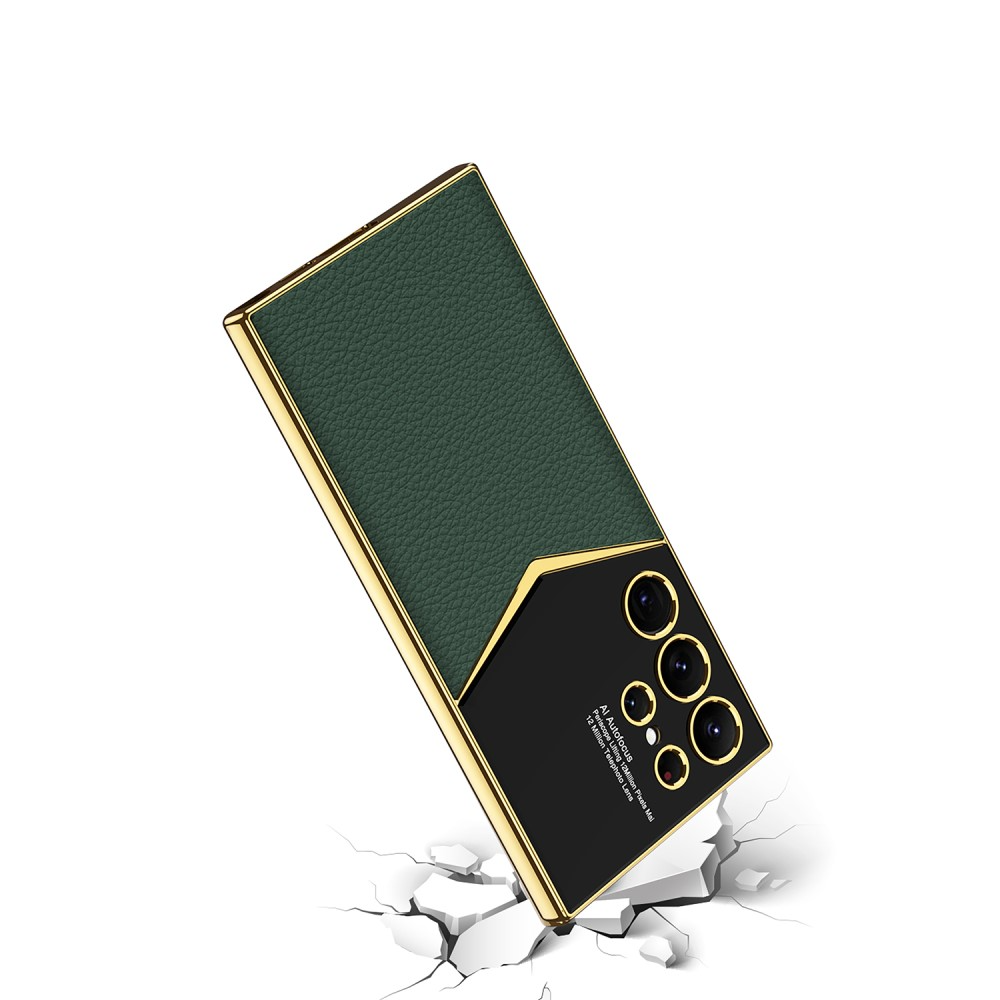Samsung Galaxy S24 Ultra Leder Hardcase Hülle mit Galvanisiertem Rahmen   Kameraschutz - Gold / Lila