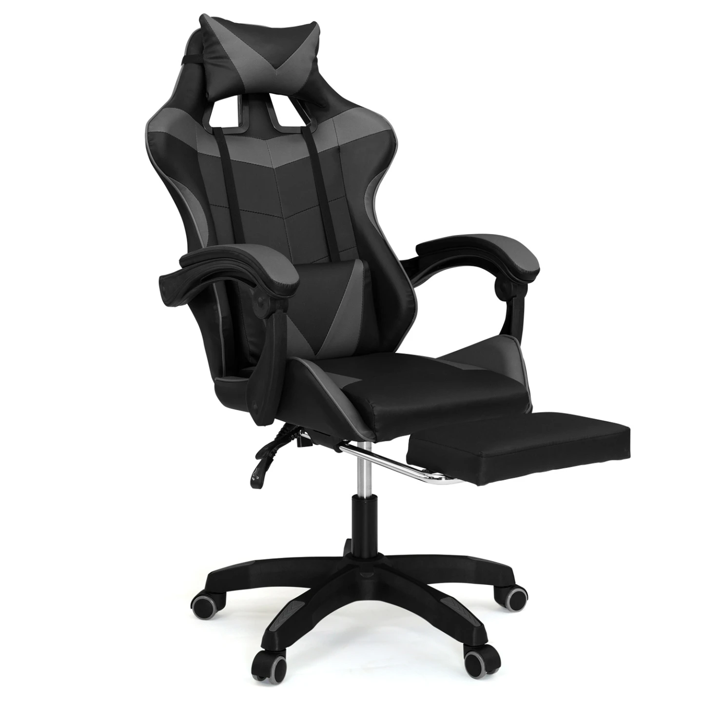 Fauteuil de gaming ALEX réglable avec repose-pied, coussin de tête et coussin lombaire noir et gris
