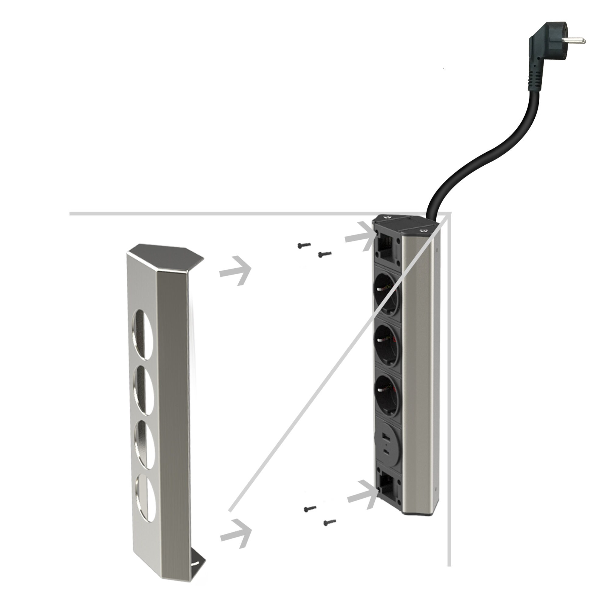 kalb | Edelstahl Ecksteckdose 4-fach Steckdosenleiste, 3x 230VAC, 2x USB Anschluss,2 m Anschlusskabel mit EU-Stecker, silber/schwarz