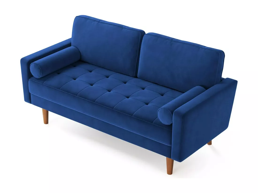 Canapé Moderne en Velours Bleu 2 Places, Accoudoirs Rembourrés, Pieds en Bois Massif, Moelleux, 143x77x86cm