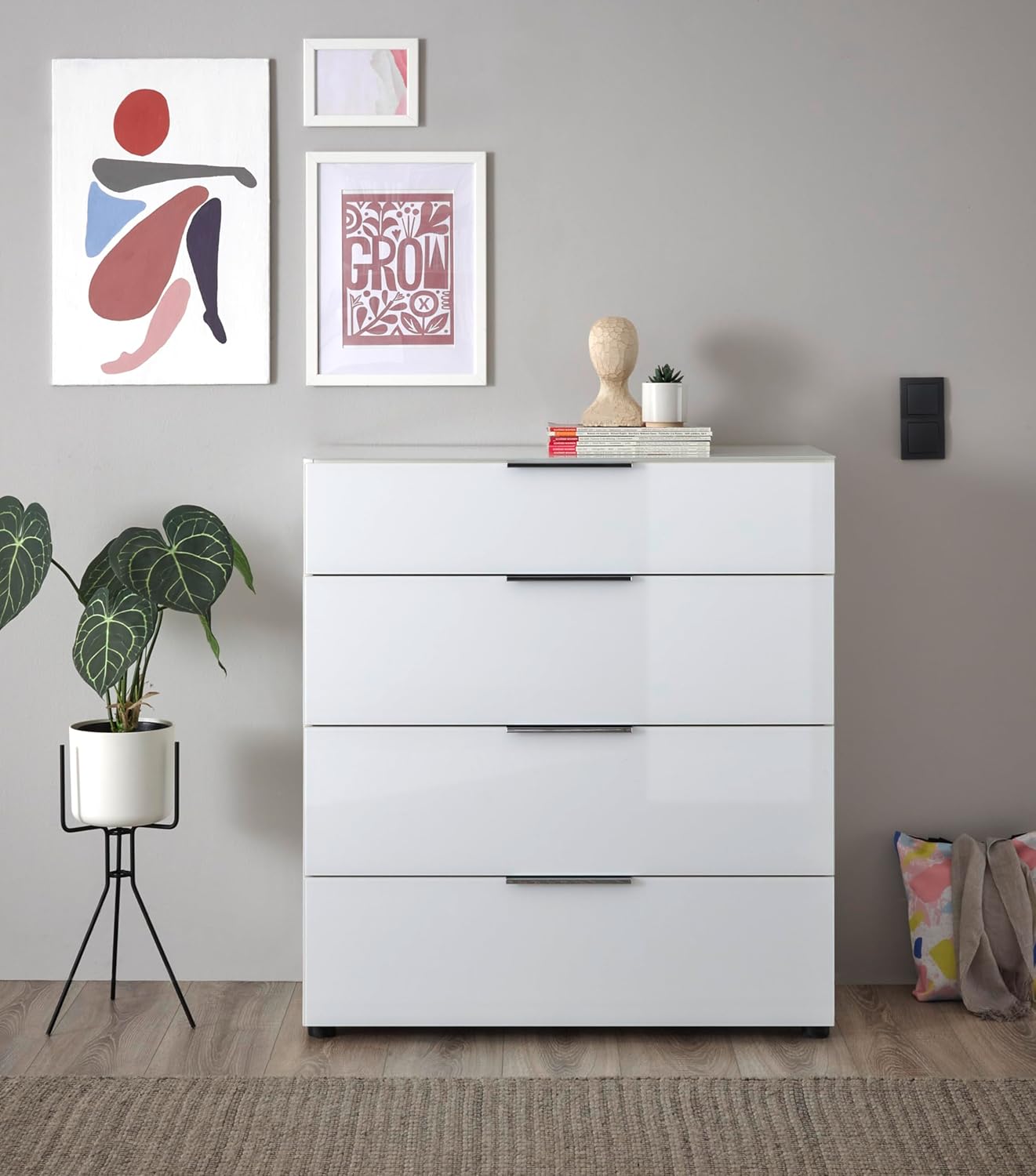 Kommode SANTORIN weiß mit Glasfront, Schrank Korpus in weiß mit Oberboden in Glas und Schubladen für Ihren Wohnbereich - 90 x 99 x 40 cm (B/H/T)