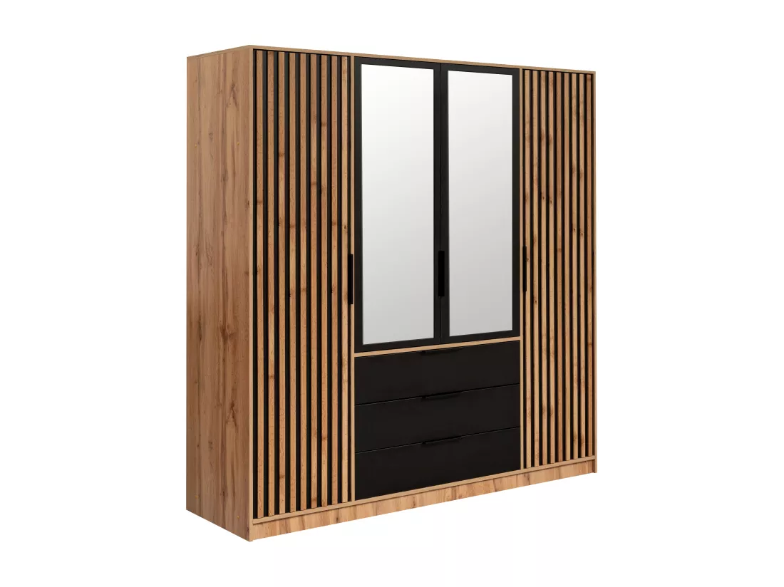 Armoire 4 portes et 3 tiroirs - Avec miroir - L196 cm - Coloris : Naturel et noir - LIRMADA