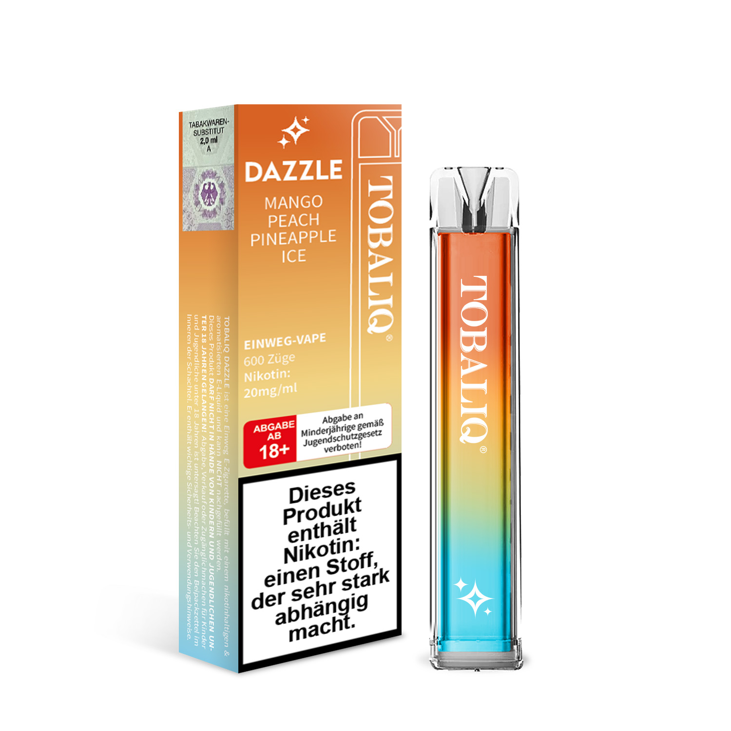 10 er Pack DAZZLE E-Shisha 600Puffs – 20mg Nikotin – MANGO PEACH PINEAPPLE ICE
