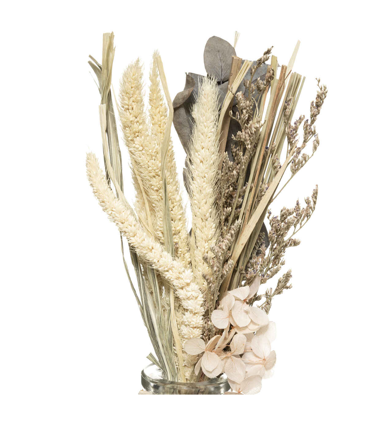 Composition de fleurs séchées vase en verre h 28 cm