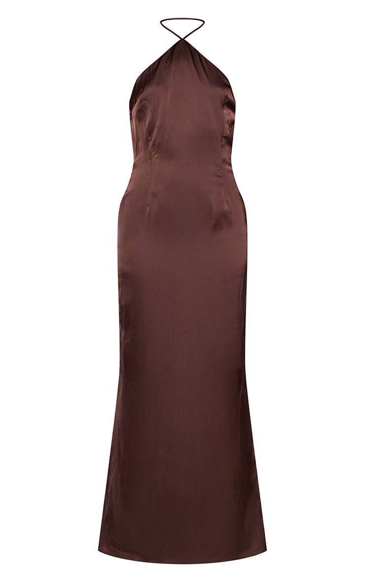 Chocolat Robe Longue Satinée Dos Drapé Cowl Avec Détails En Dentelle
