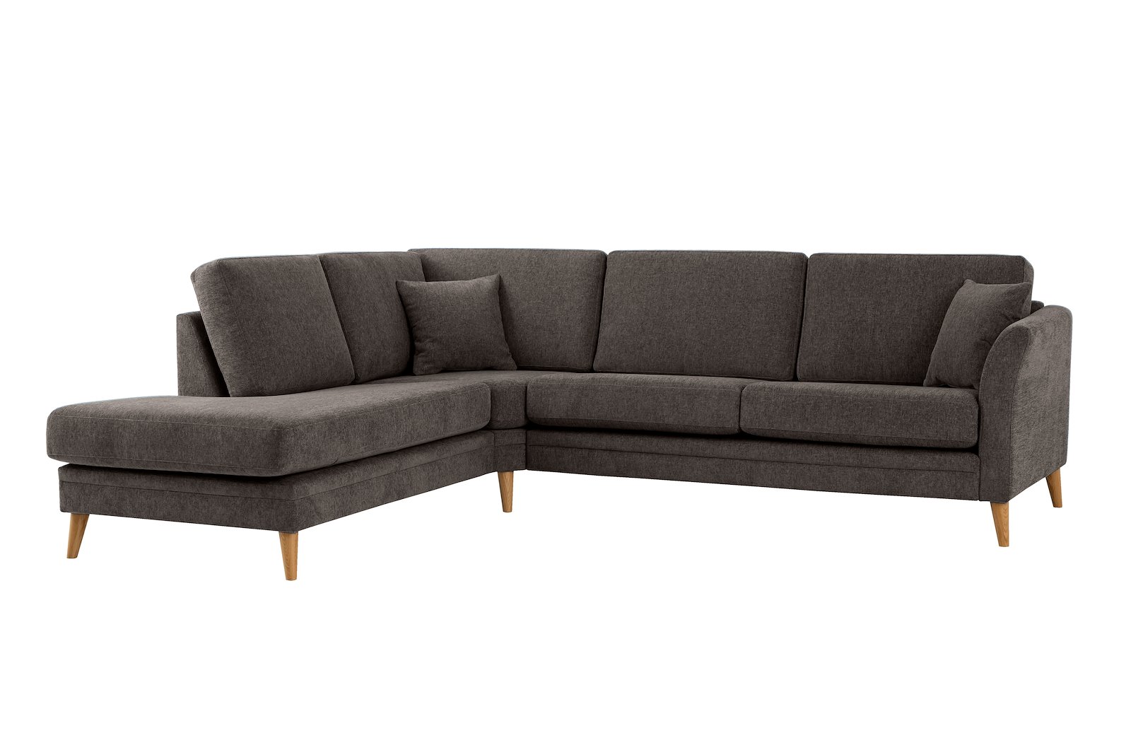 Eden hjørnesofa 2,5-seter med åpen ende høyre. Tekstil Thor 5 Brown med ben i eik natur (15137).