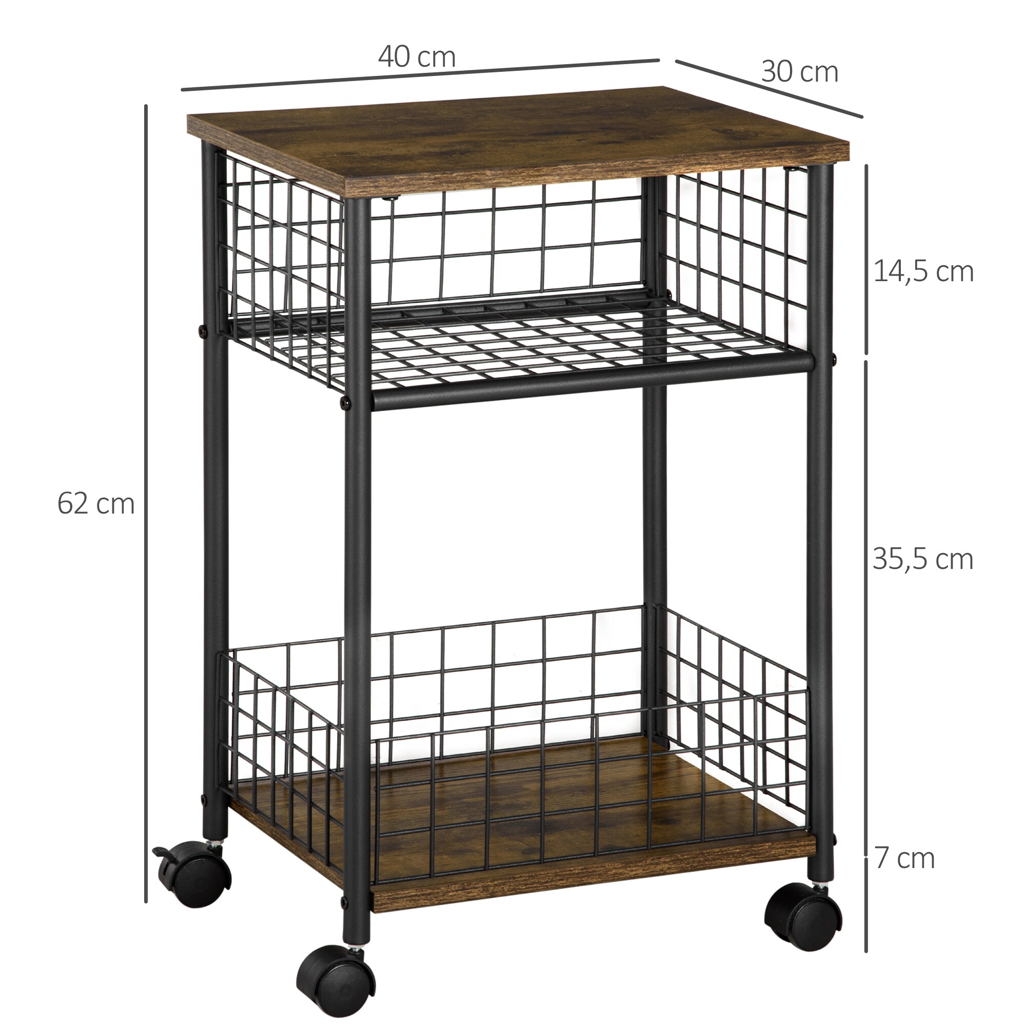 HOMCOM Küchenwagen mit 360°-Lenkrollen braun 40L x 30B x 62H cm