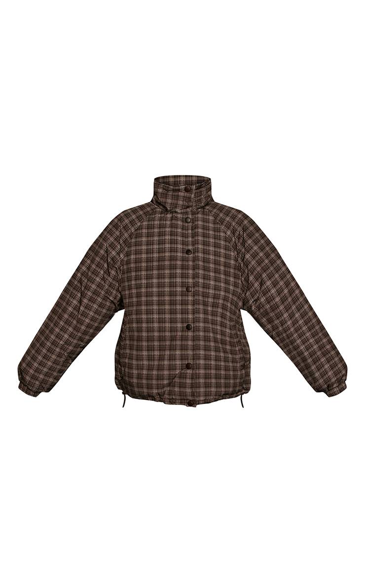 Marron Veste Matelassée À Col Montant Imprimé Carreaux