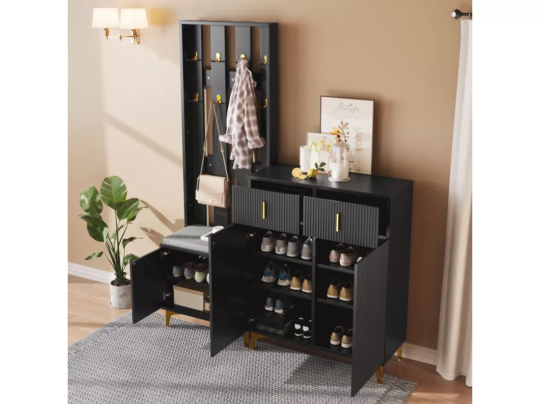 Ensemble vestiaire - avec crochets、banc à chaussures et un casier - Noir