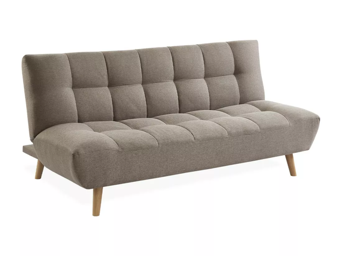 Canapé 3 places banquette clic clac. convertible. en tissu beige et pieds bois naturel