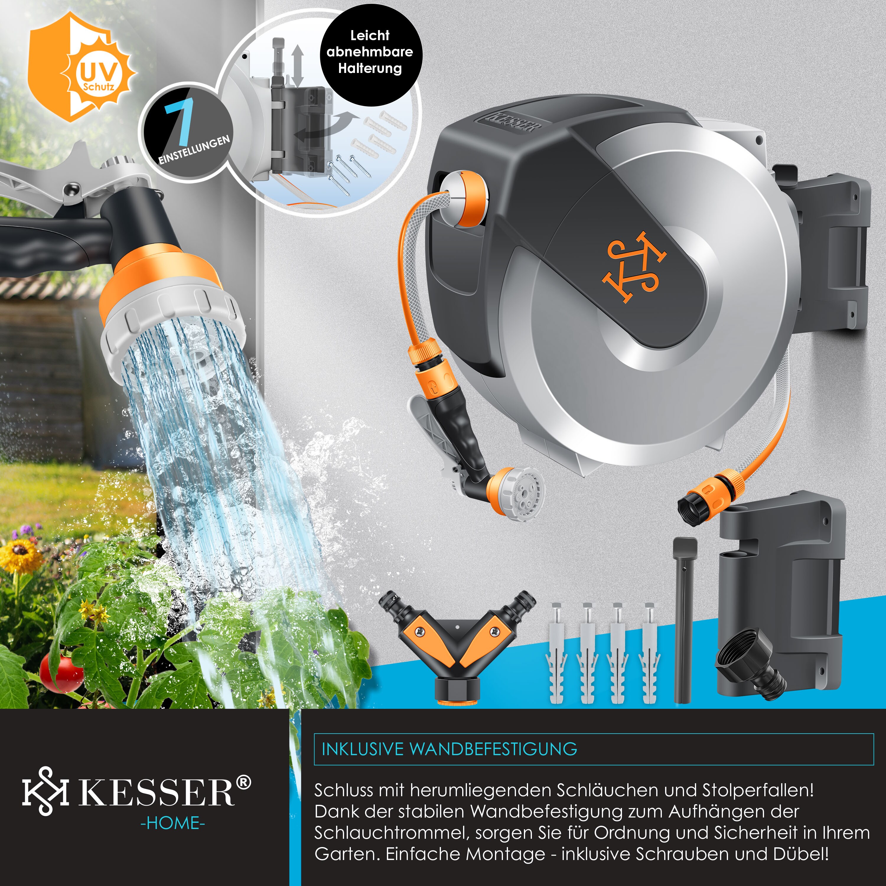 KESSER® Schlauchtrommel mit Gartenschlauch | Wasserschlauchtrommel zur Wandmontage | Wandhalterung | 180° schwenkbar & automatische Aufrollung | Wand-Schlauchbox inkl. 7-Funktionen Handbrause
