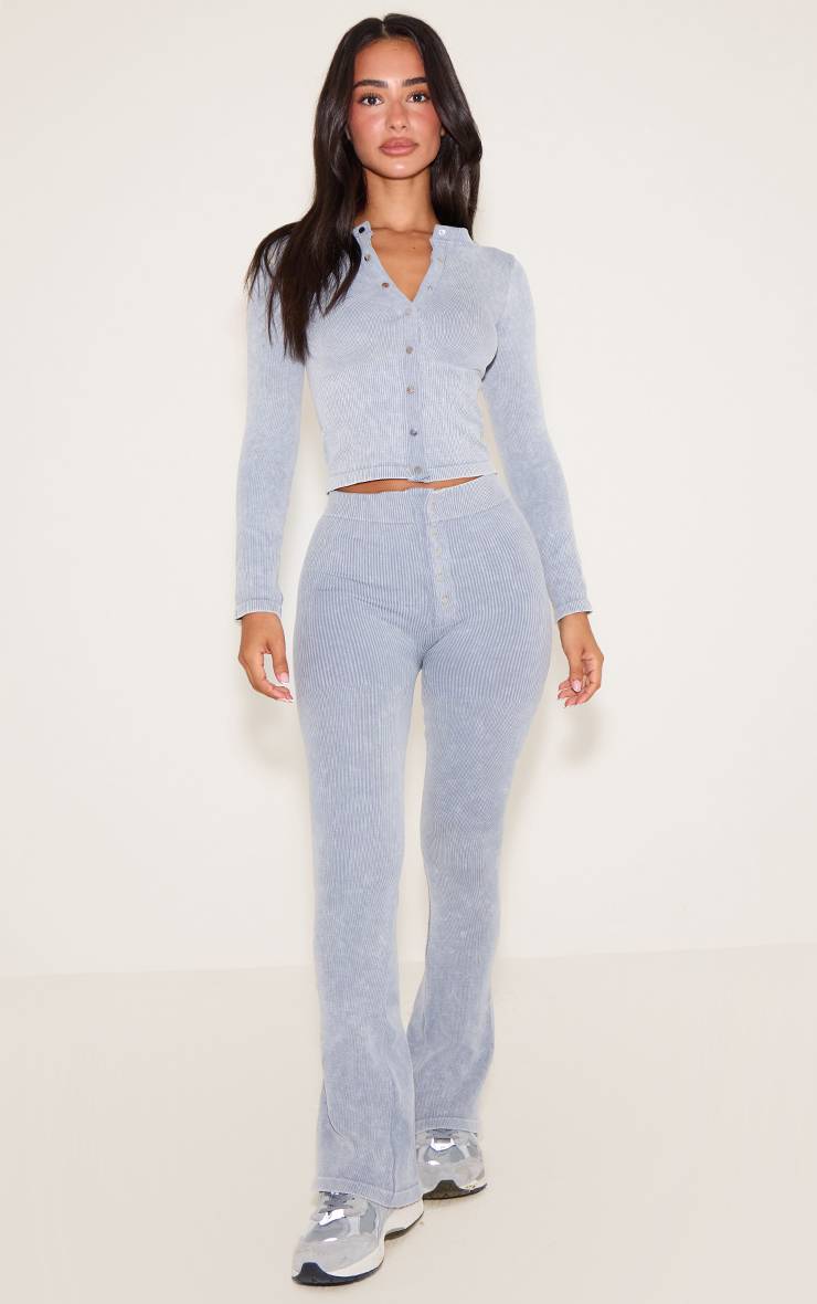 Gris Chiné Haut Long Côtelé Contour À Manches Longues Avec Boutons Petite Taille - Ensemble Coordonné
