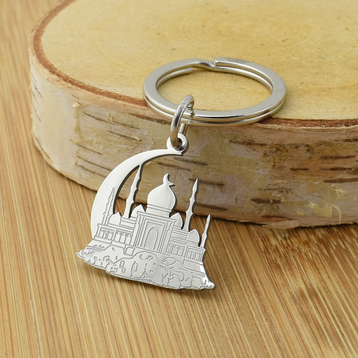 Porte-clés mosquée et croissant de lune acier inoxydable