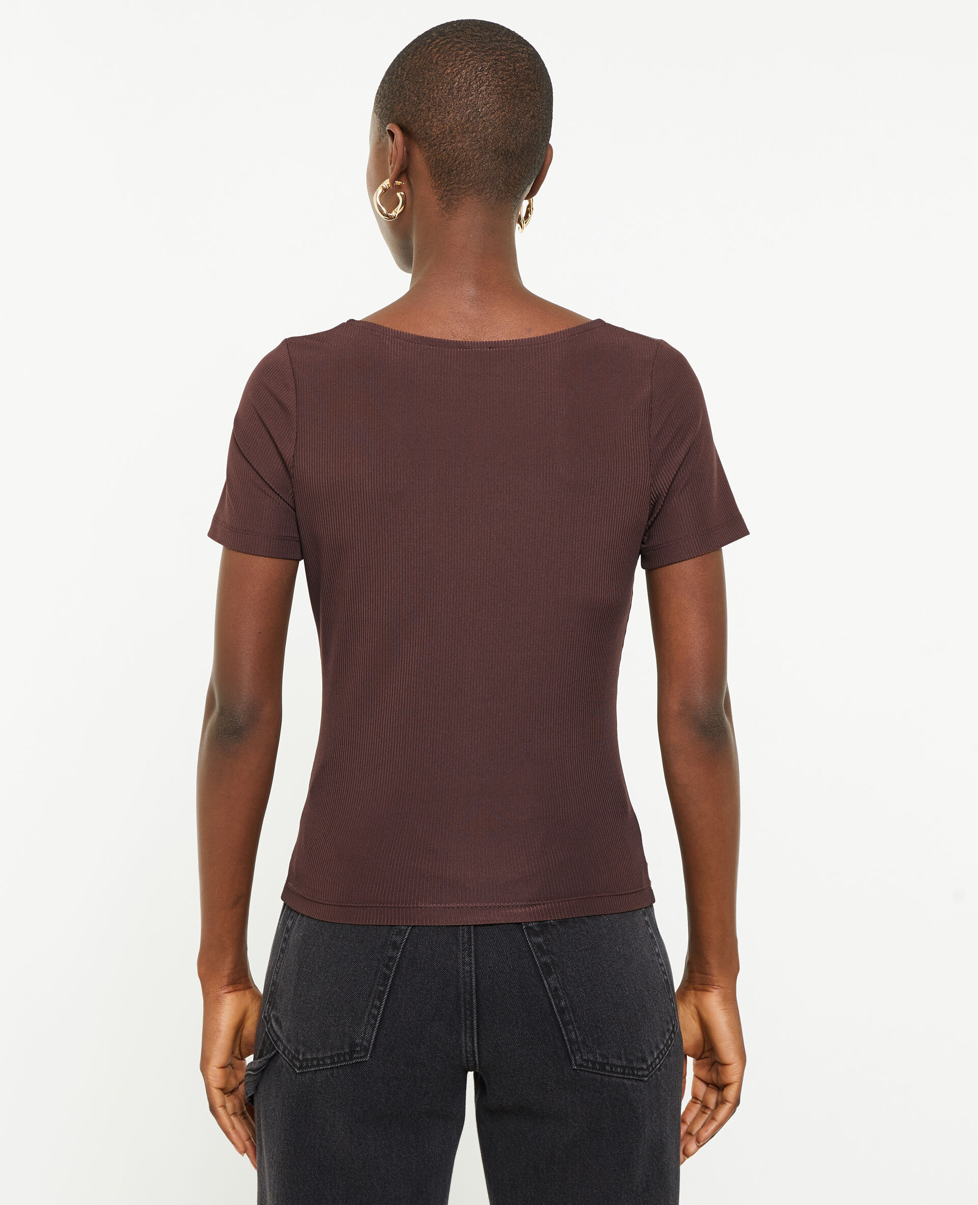 Top encolure carré maille côtelée - Marron