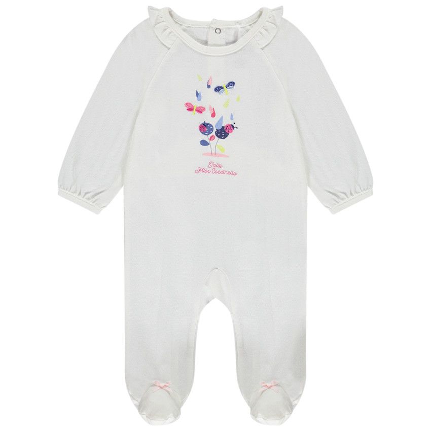 Dors-bien en jersey fantaisie avec broderies et print pour bébé fille - Ecru