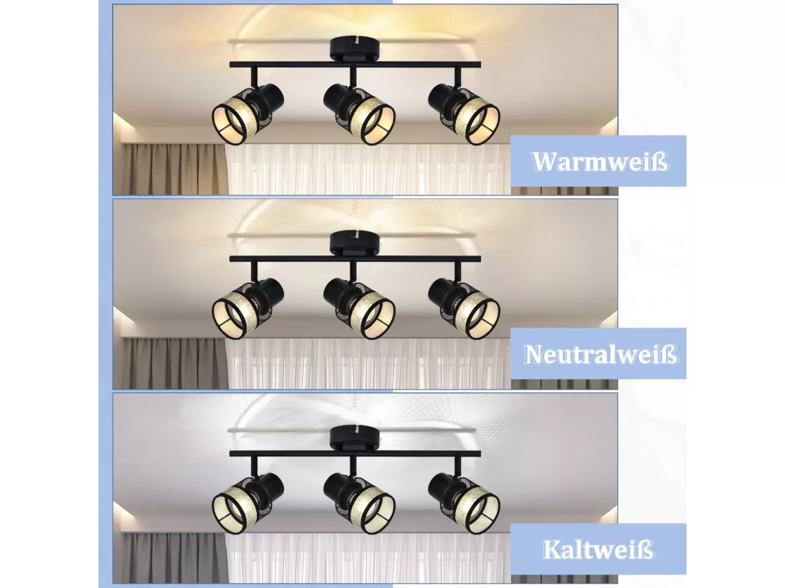 NETTLIFE Plafonnier 3 spots de E27 métal max. 25W noir - doré vintage abat-jour en tissu rotatif à 330° pour salon chambre cuisine couloir escaliers