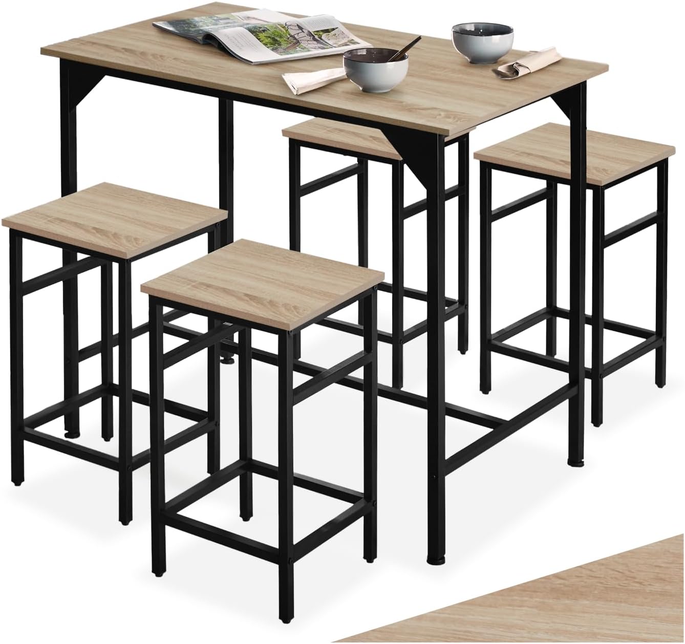 tectake® Bartisch-Set, Stehtisch mit 4 Barhockern, 5-teiliges Tischset, 100 x 60 x 88,5 cm, Industrie-Design, Tischplatte aus Holz, schwarzes Metallgestell (Industrial Holz hell, Eiche Sonoma)