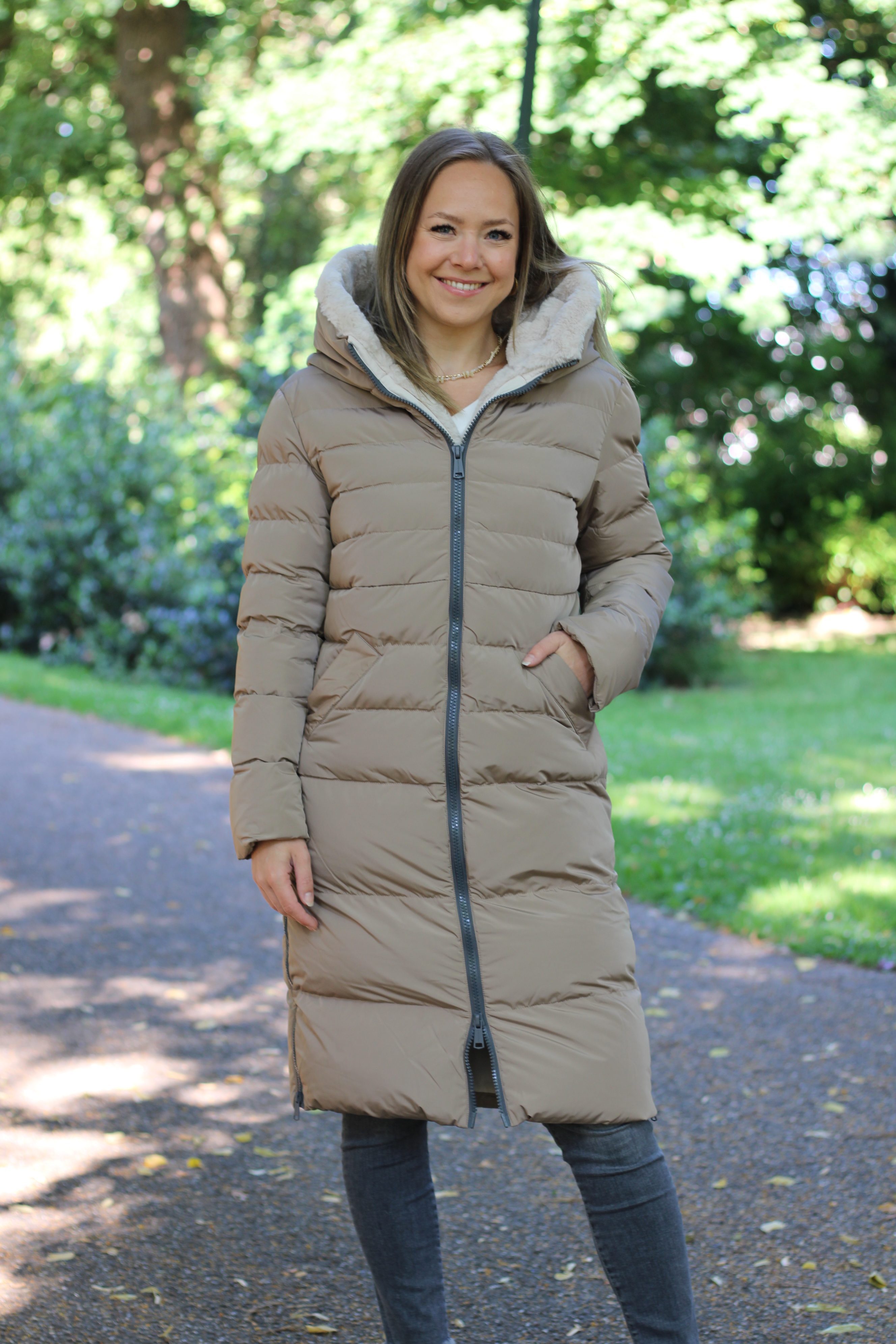 Rino & Pelle - Keila Fur Long Padded Hooded Coat - Toffee/Stone