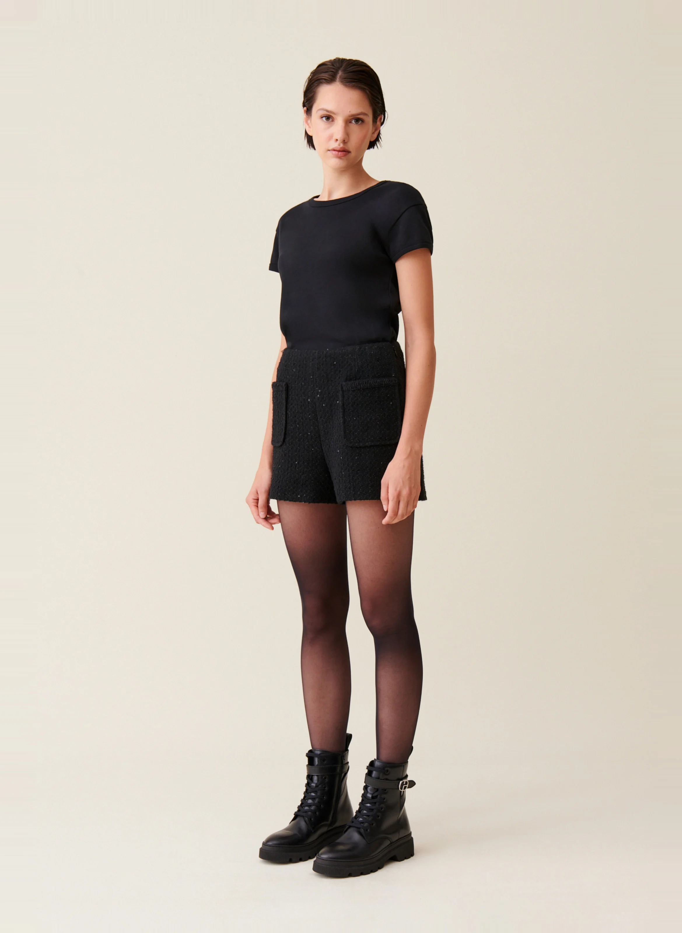 Short effet tweed droit | Noir