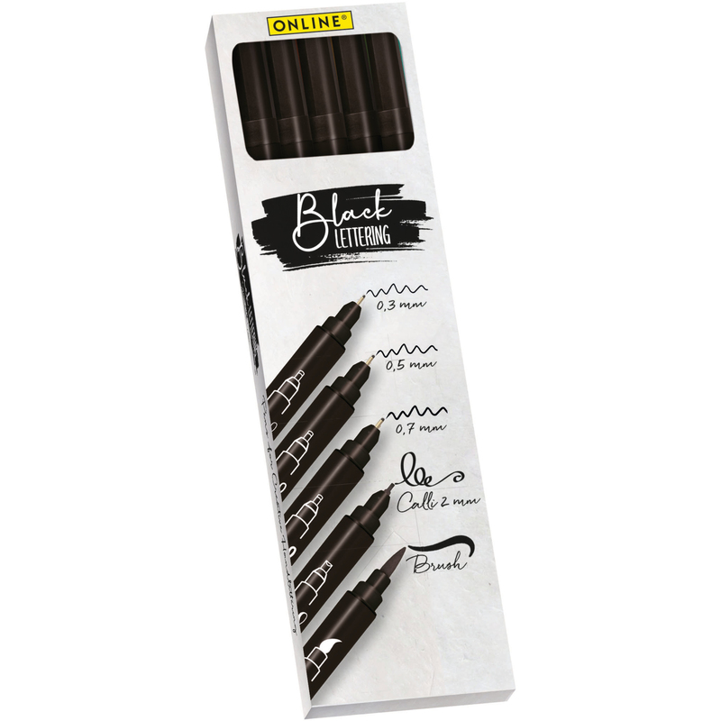 ONLINE Fineliner & Brushpen, Black Lettering Set, 5 Stück, schwarz