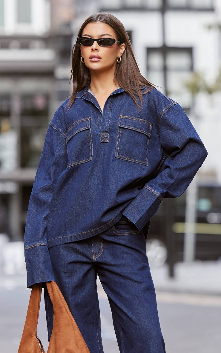 Bleu Indigo Chemise Rugby En Denim À Manches Longues Avec Surpiqûres Contrastantes