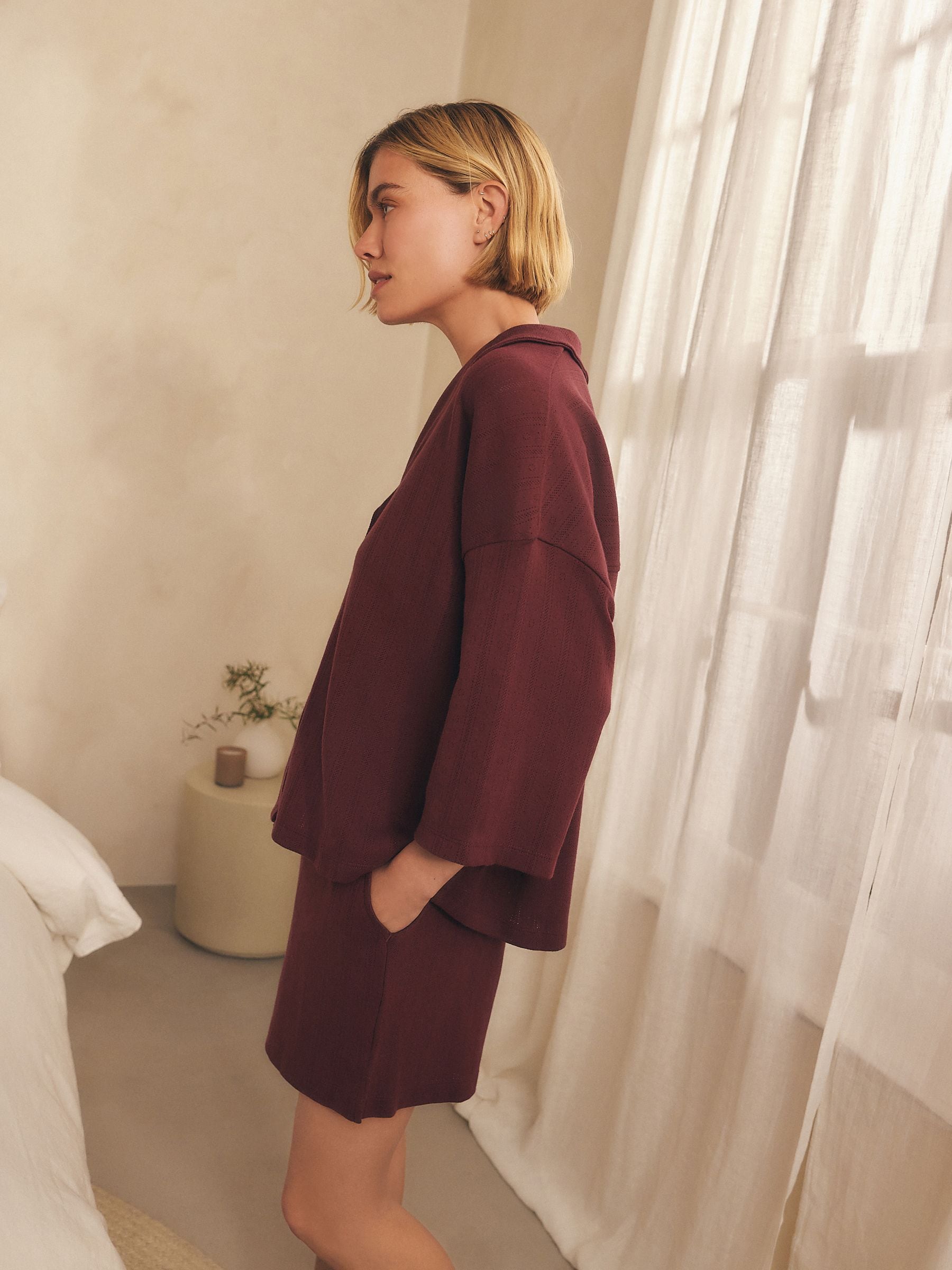 Bordeauxrood - Pointelle Button Through Short Set Pyjamas