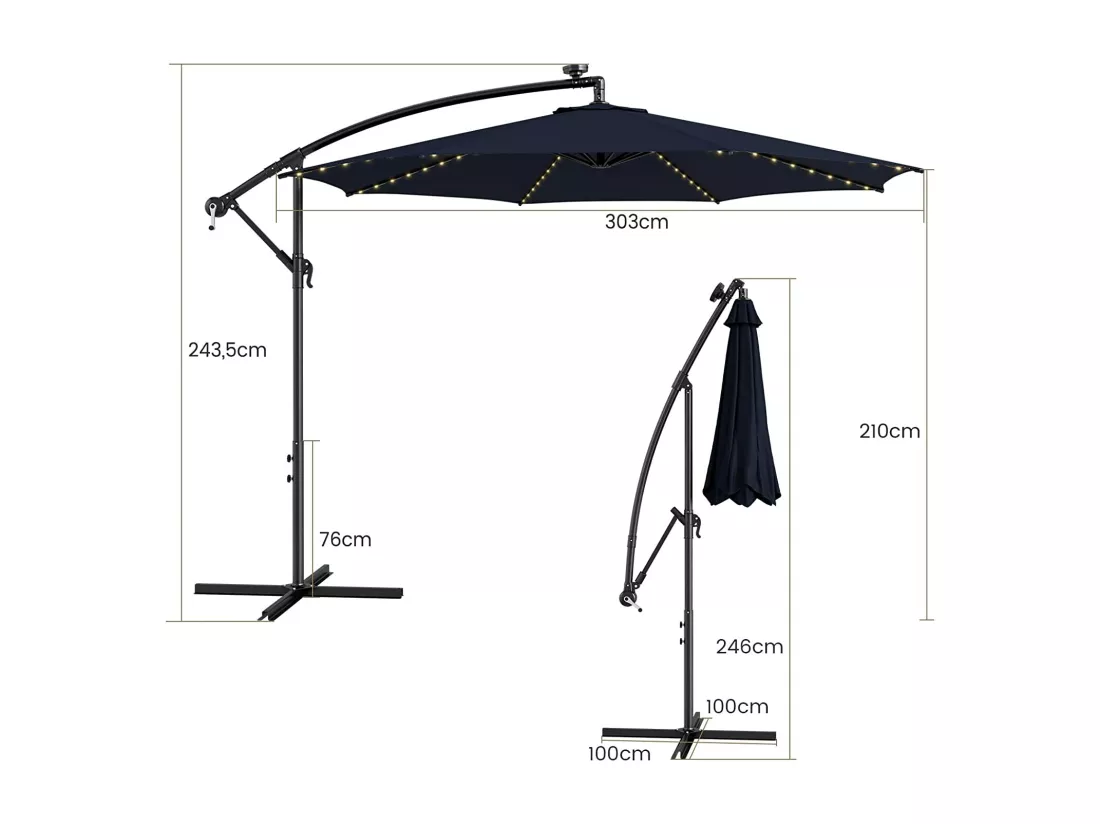 Parasol Déporté Inclinable 3M,112 Lumières LED, Panneau Solaire,Base Croisée Manivelle,Verrou de Sécurité, 303x243,5cm Marine