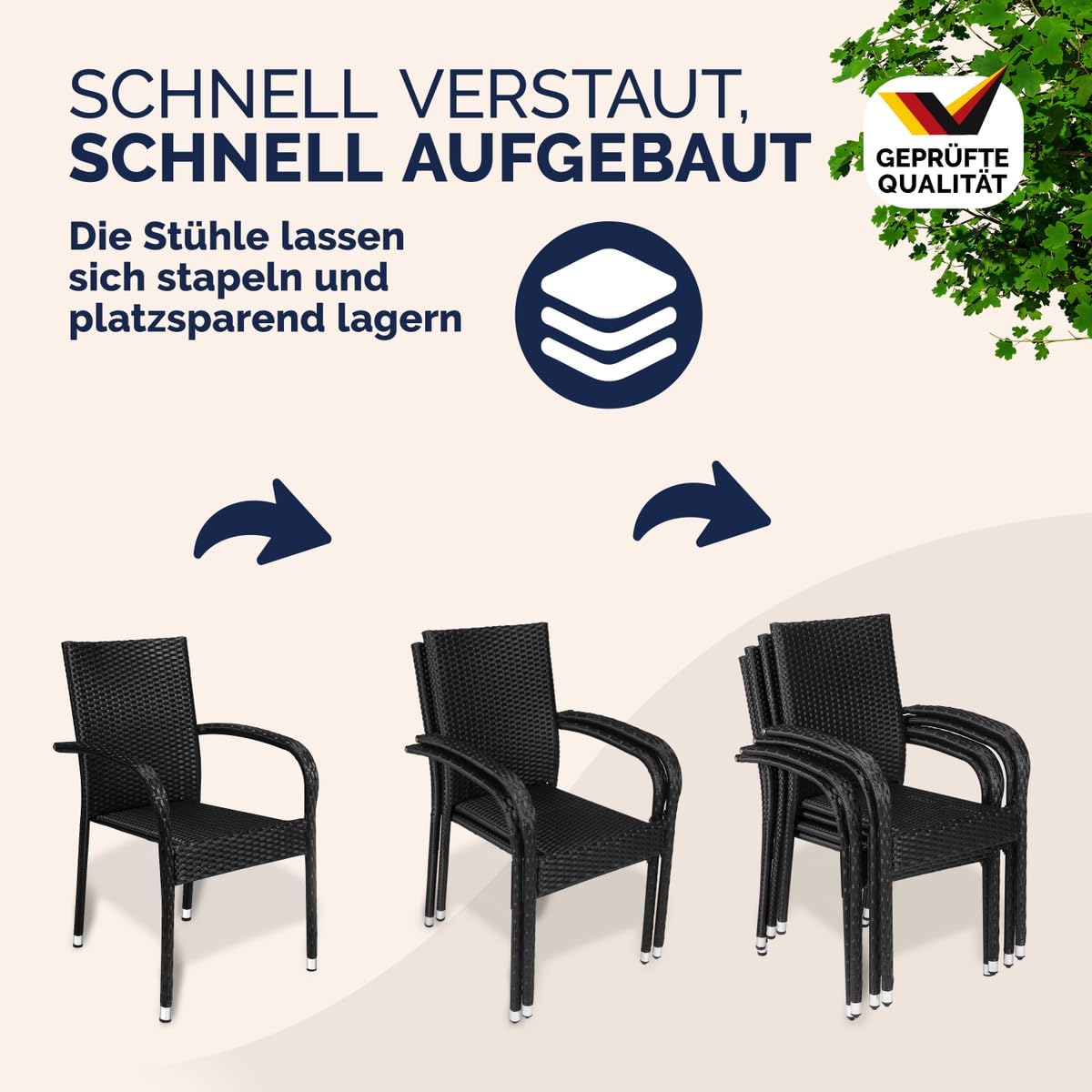 Casaria® Gartenstühle 8er Set Stapelbar Wetterfest Polyrattan Outdoor 160kg Garten Terrasse Balkon Stuhl mit Armlehne Gartensessel Stapelstühle Schwarz