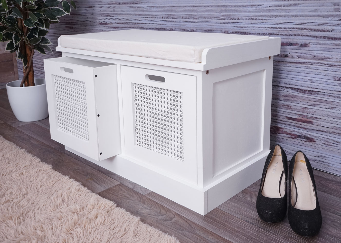 Sitzbank MCW-J49, Polsterbank Garderobenbank, Kissen Aufbewahrungsboxen Staufach 47x75x40cm ~ weiß, Polster creme-