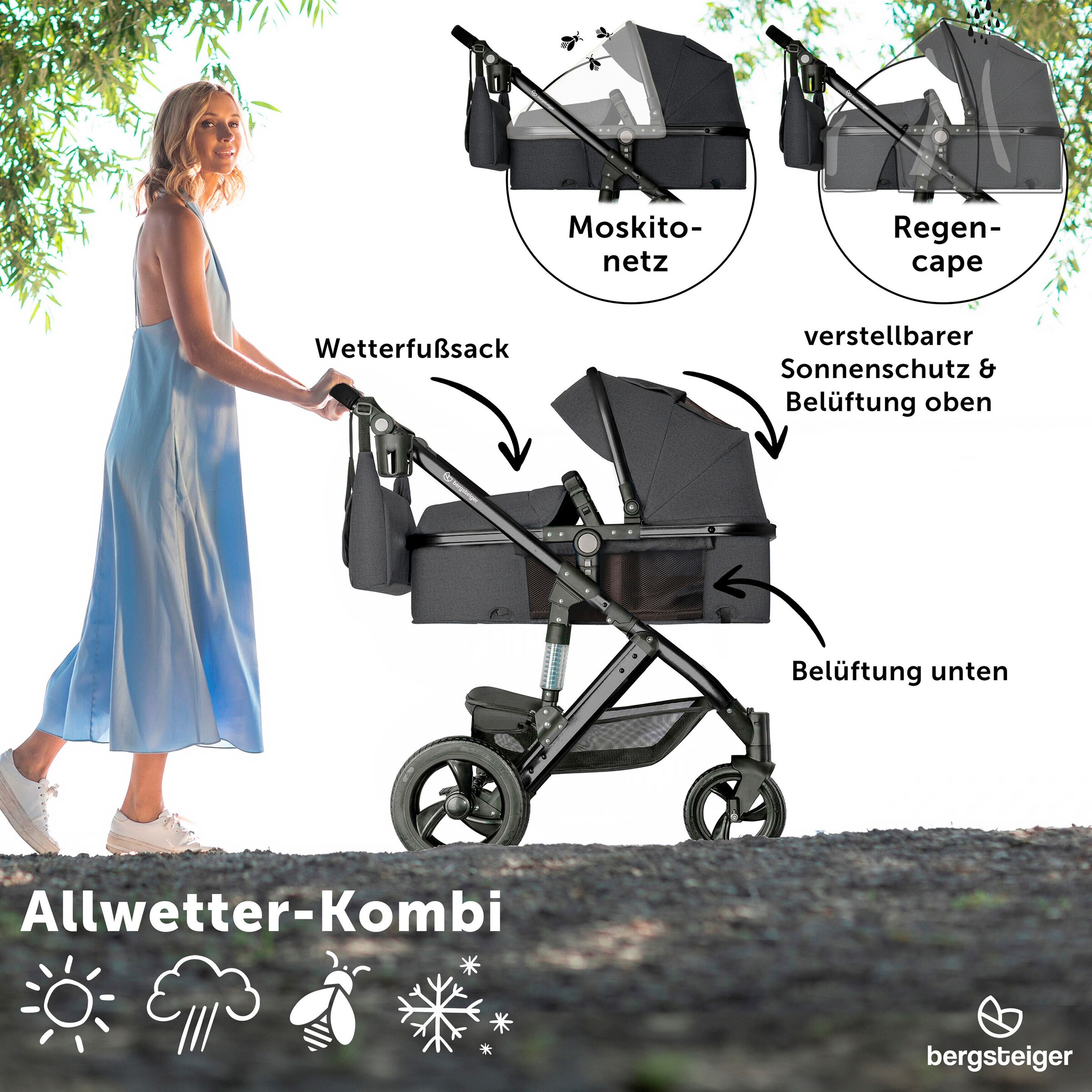 Bergsteiger Kinderwagen Nizza + Babyschale grey | Gestell: black