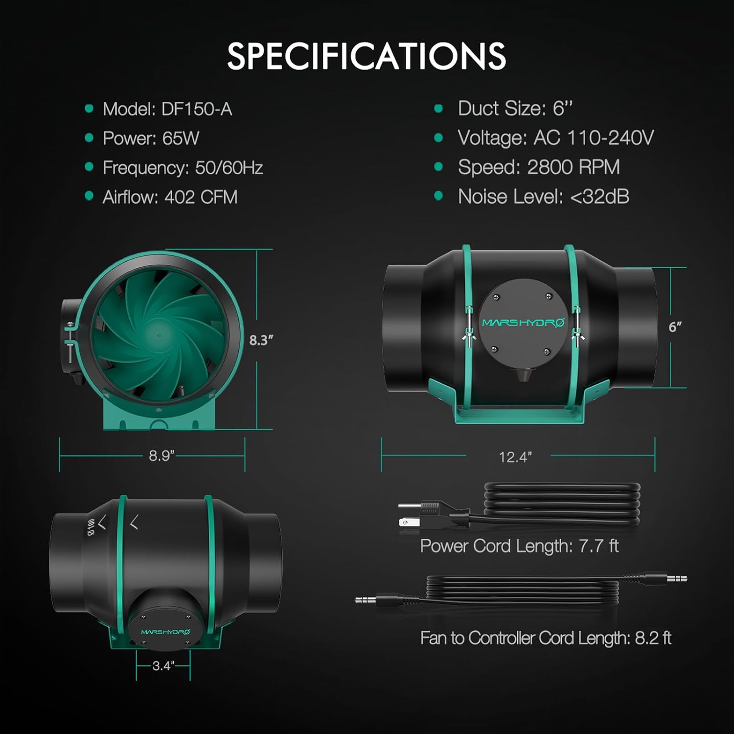 MARS HYDRO TSW2000 Growzelt Komplettset,LED Vollspektrum Dimmbar Grow Lampe, 120X120X200cm 1680D Hohe Reflektivität Grow Box Komplettset,6' 402CFM Effizientes Belüftungssatz,10-Gang-Lüfter