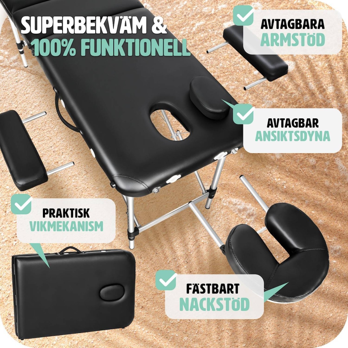 3-sone massasjebenk aluminium 5 cm polstring - svart