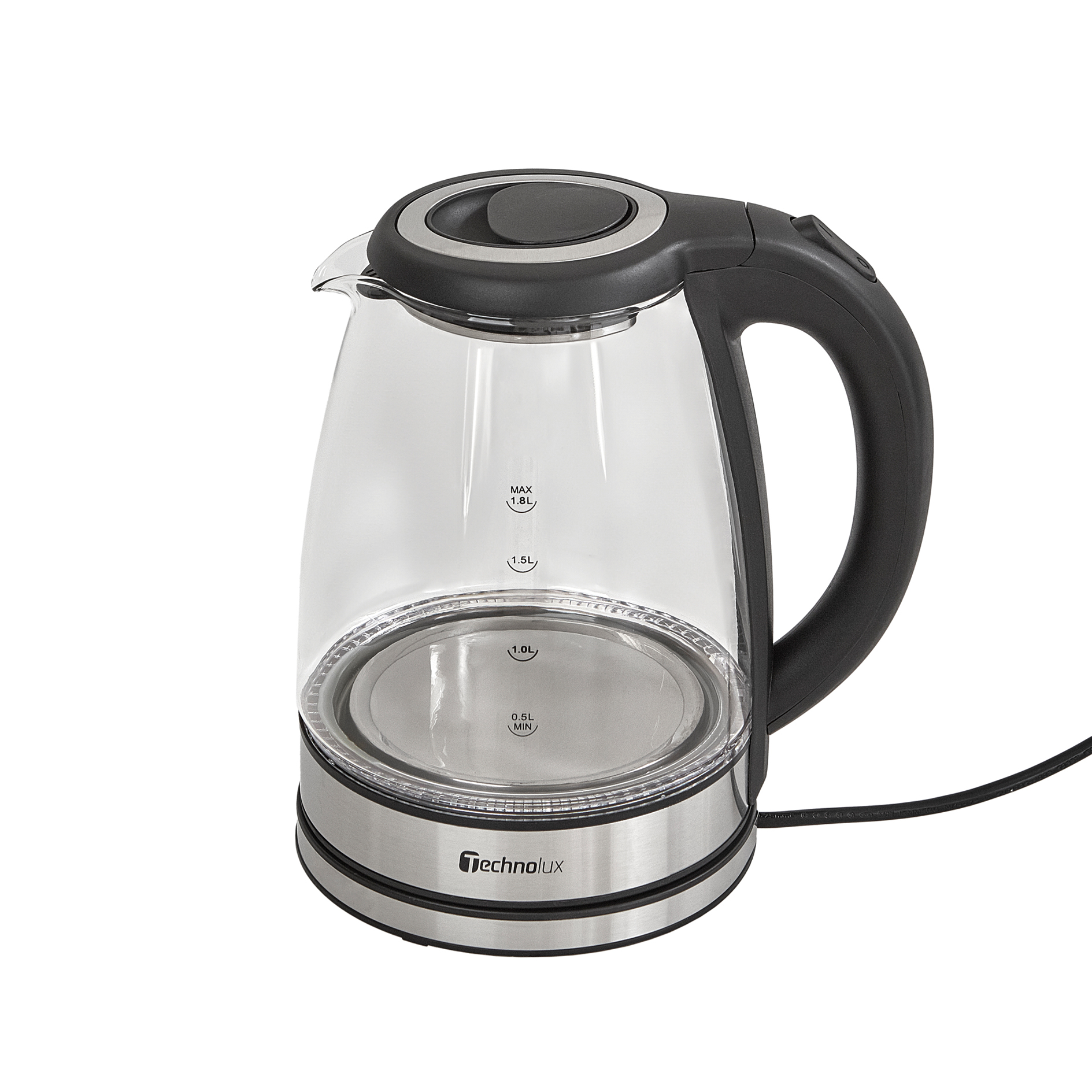 TECHNOLUX Glas-Wasserkocher - schwarz-silber matt - 1,8 Liter