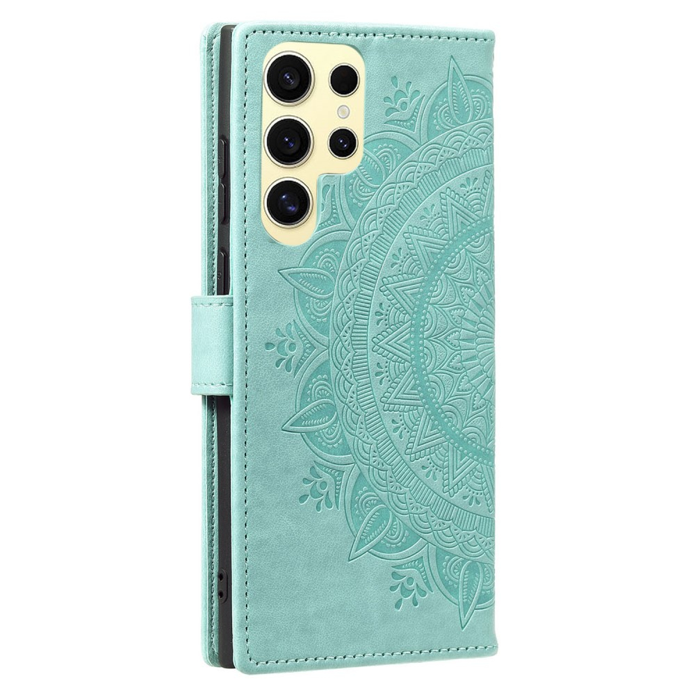 Samsung Galaxy S25 Ultra Leder Tasche Wallet - Mandala Flowers Imprint - Türkis