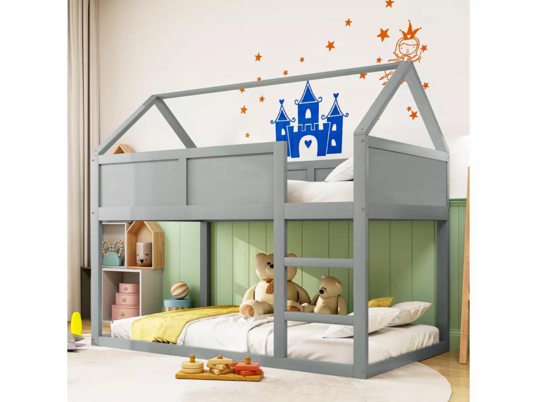 Lit superposé 90x200cm, lit cabane enfant avec escalier et 1x sommier à lattes en haut, cadre en bois massif, gris bois