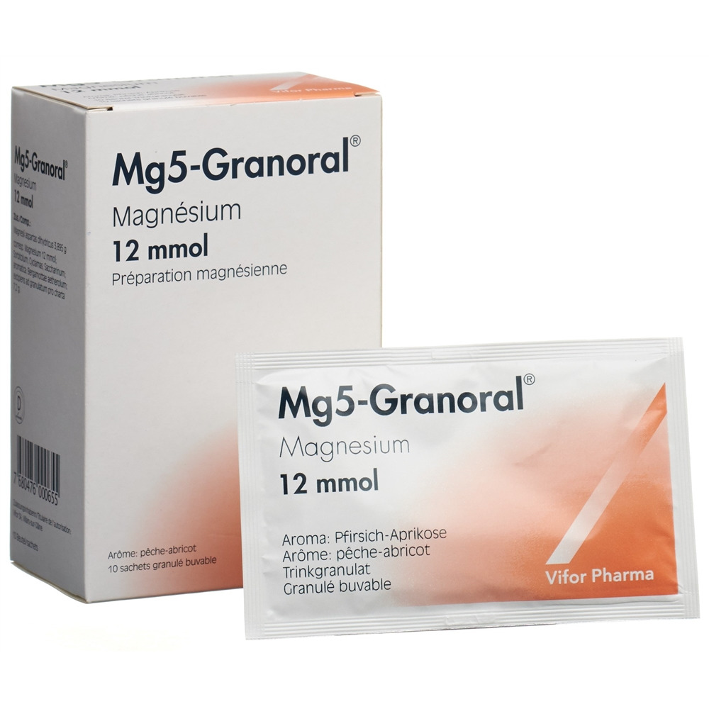MG5-GRANORAL Gran 12 mmol Pfirsich-Aprikose Btl 10 Stk<br>10 Stück, Beutel, Granulat zur Herstellung einer Lösung zum Einnehmen, Pfirsich-Aprikose