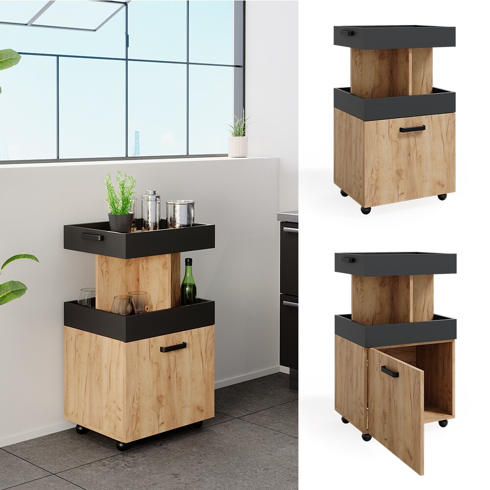 Vicco Hausbar Minibar Getränkebar Kamber Eiche Anthrazit Tür rollbar Ablage Fach
