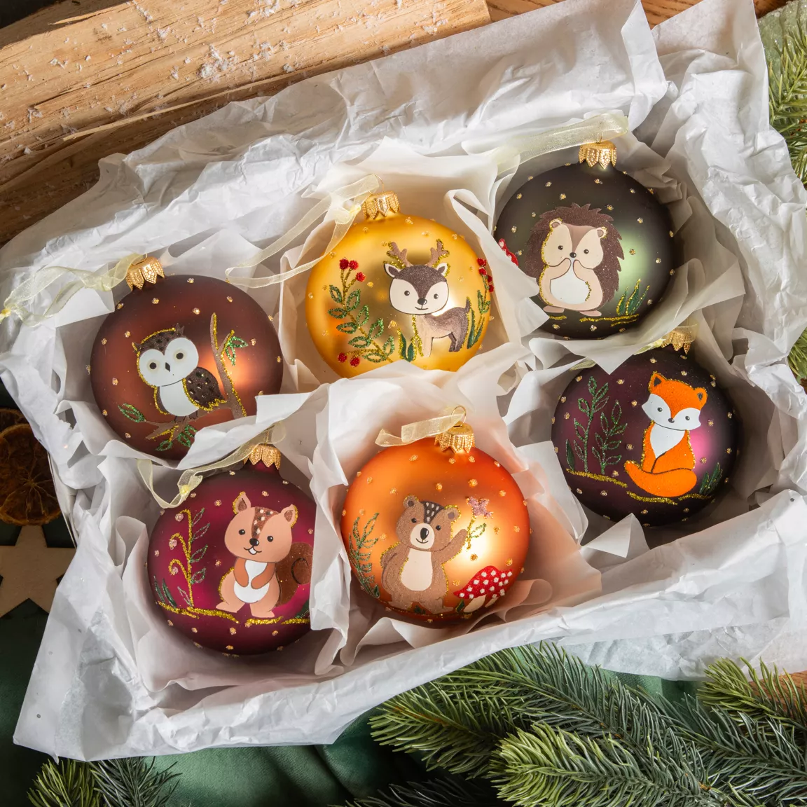 Lot de 6 boules de Noël en verre (D80 mm) Animaux de la forêt Multicolore