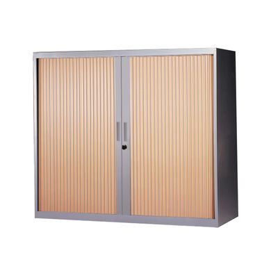 Armoire basse à rideaux - L120 x H105 x P43 cm - 2 tablettes - corps silver / porte hêtre