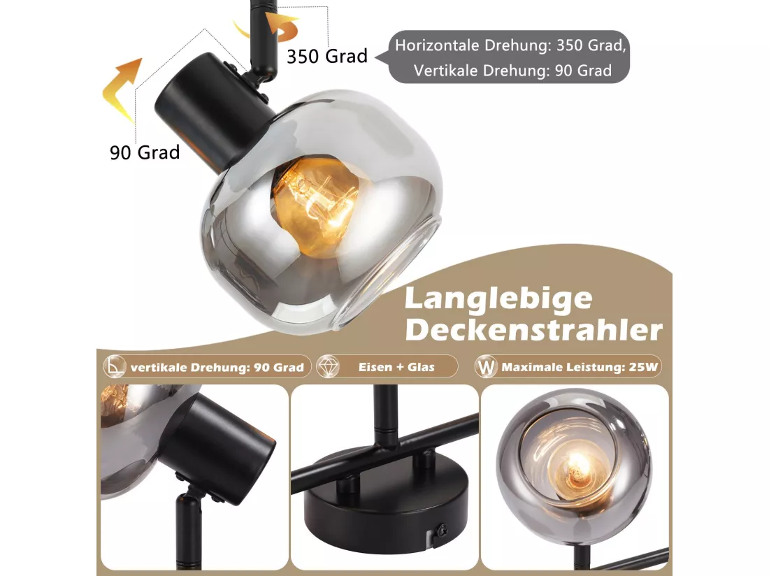 NETTLIFE Plafonnier spot de plafond noir 3 ampoules modernes verre plafonnier orientable à 350° spot E14