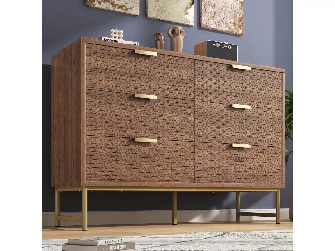Buffet effet bois noyer 6 tiroirs en relief et poignées pieds dorés 120x40x75cm ZINS