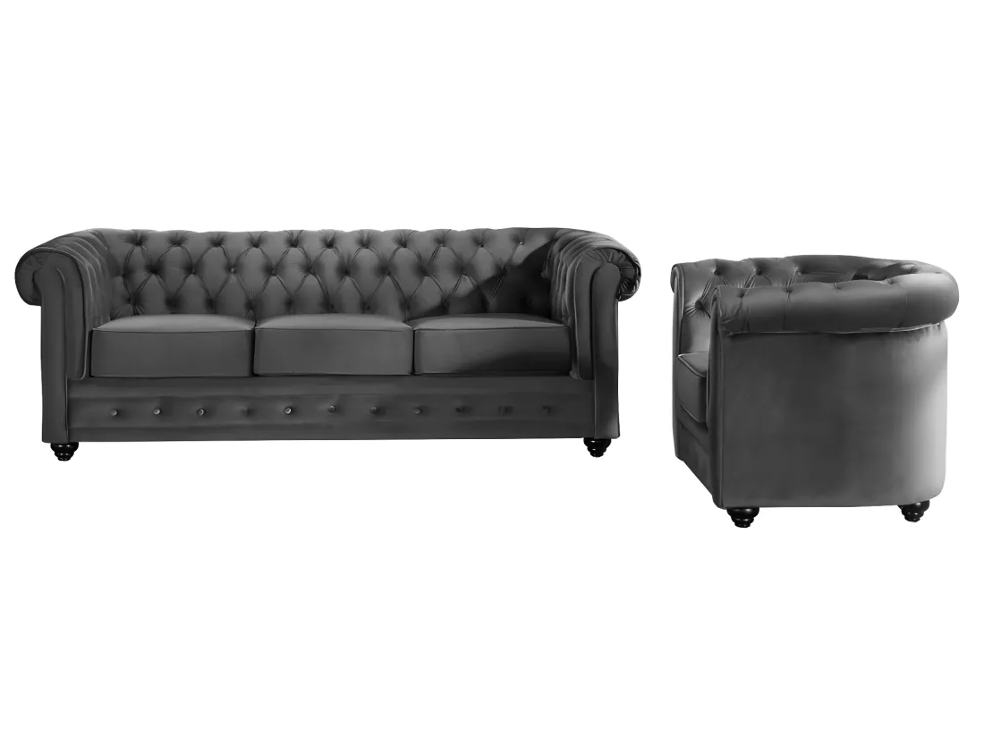 Canapé 3 places et fauteuil CHESTERFIELD - Velours anthracite