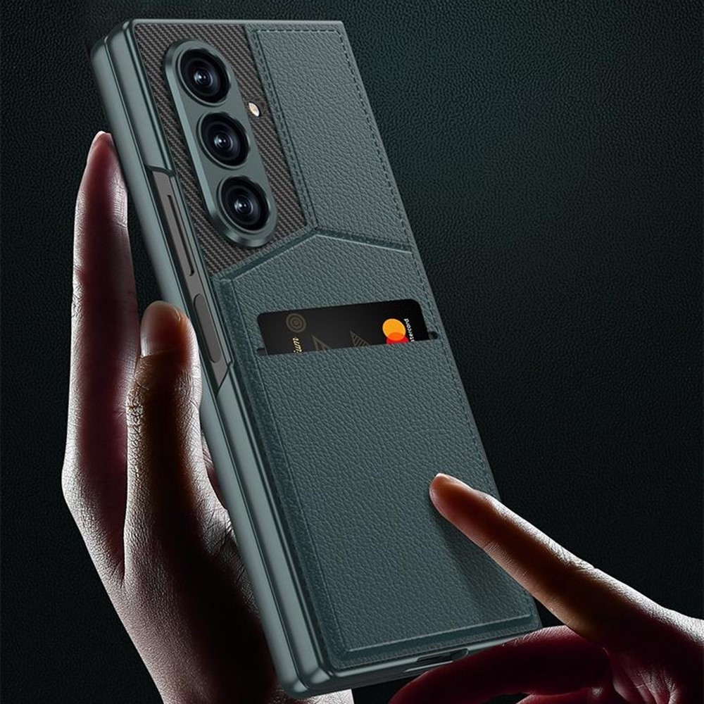 Samsung Galaxy Z Fold7 Hardcase Hülle mit Kartenfach   Leder Kickstand Aufsteller im Litchi Look - Schwarz