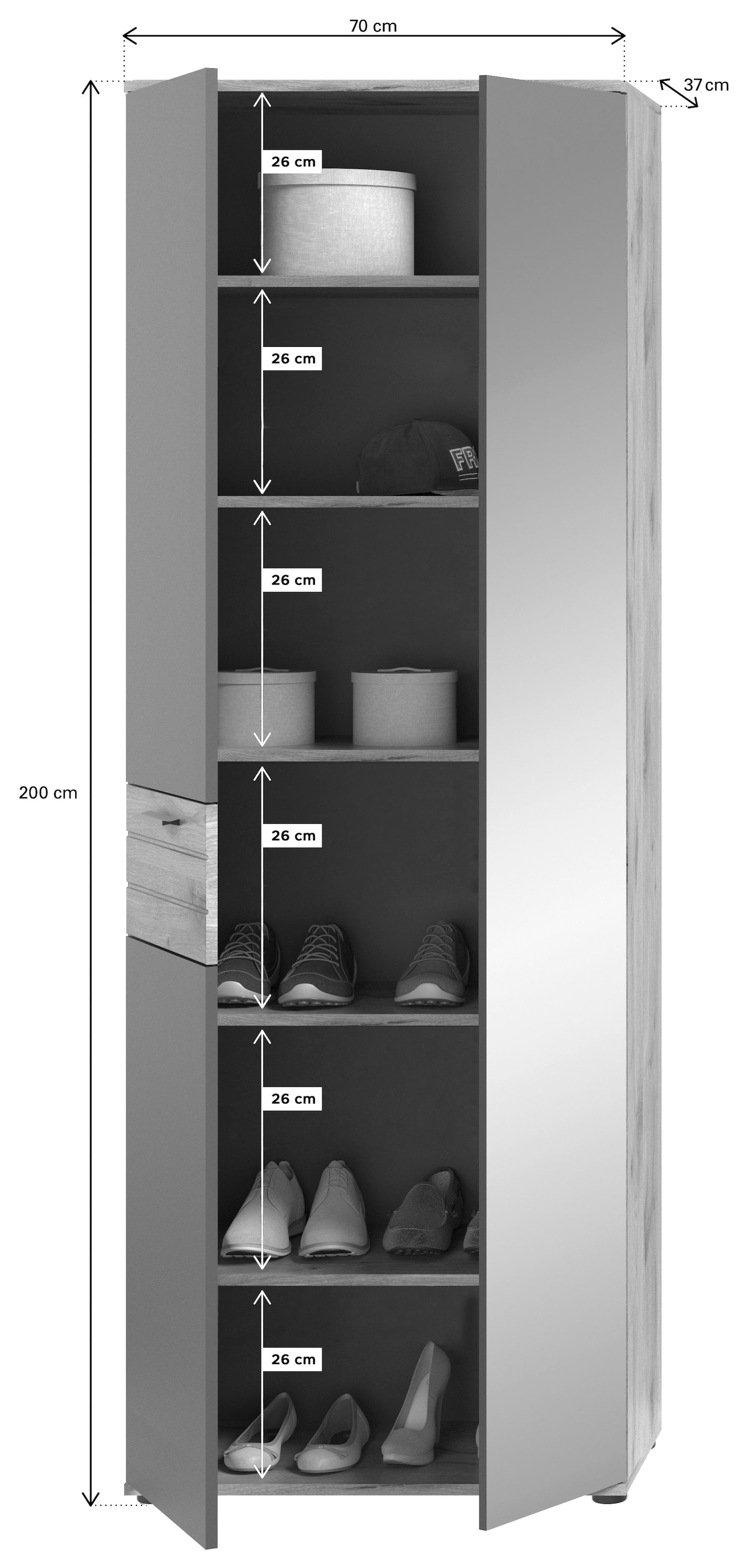 INOSIGN Garderobenschrank »Riga, Höhe 200 cm, 2 Türen, 4 Einlegeböden, 1 Kleiderstange« mit Softclose, Kleiderstange ausziehbar,universal einsetzbarer Schrank