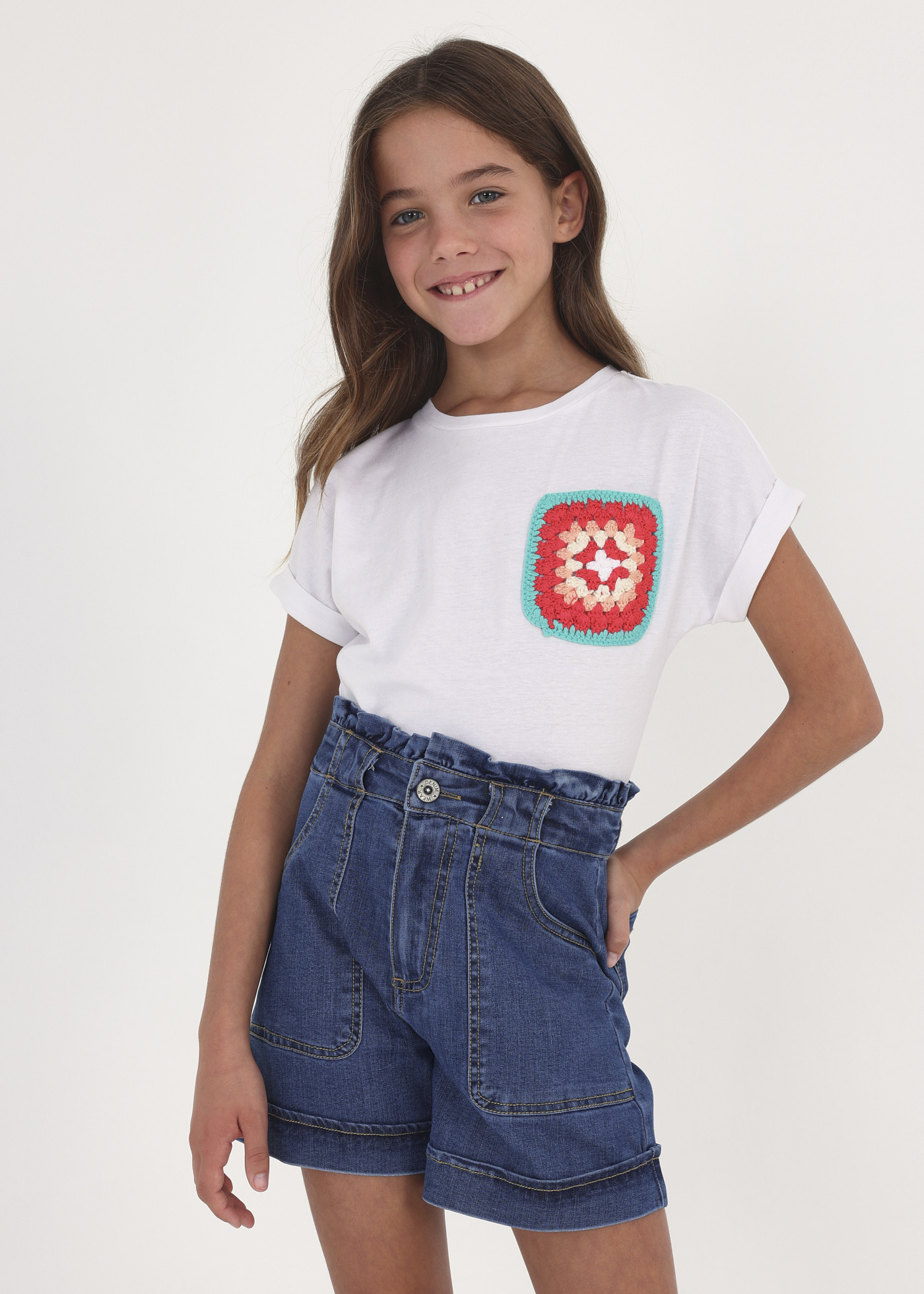Shorts jeans de algodão de cintura alta para meninas